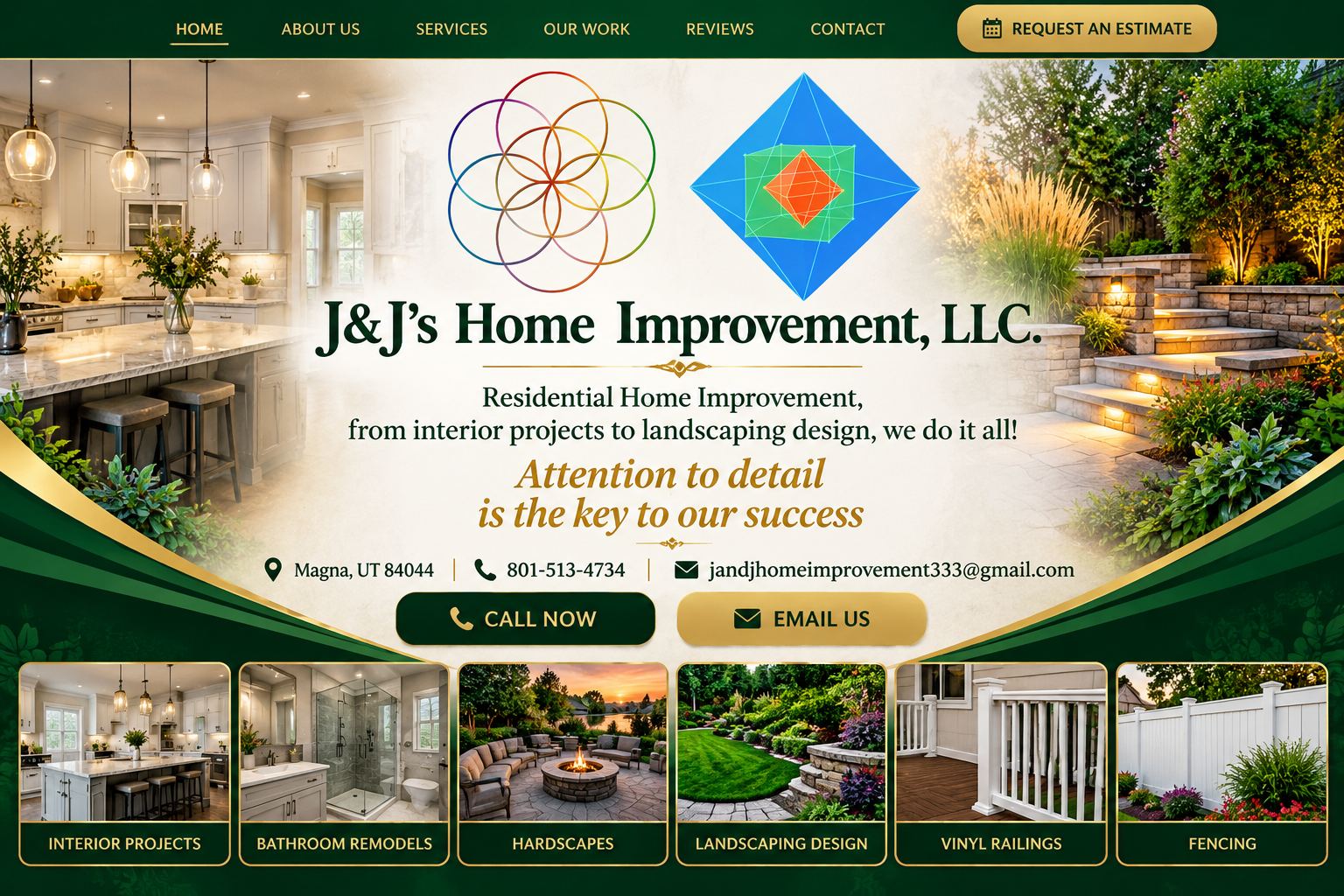 J&J Home Improvement LLC — Residential home improvement, from interior projects to landscaping design, we do it all! Attention to detail is the key to our success. Magna, Utah. Call 801-513-4734. Sample photographs illustrate services.